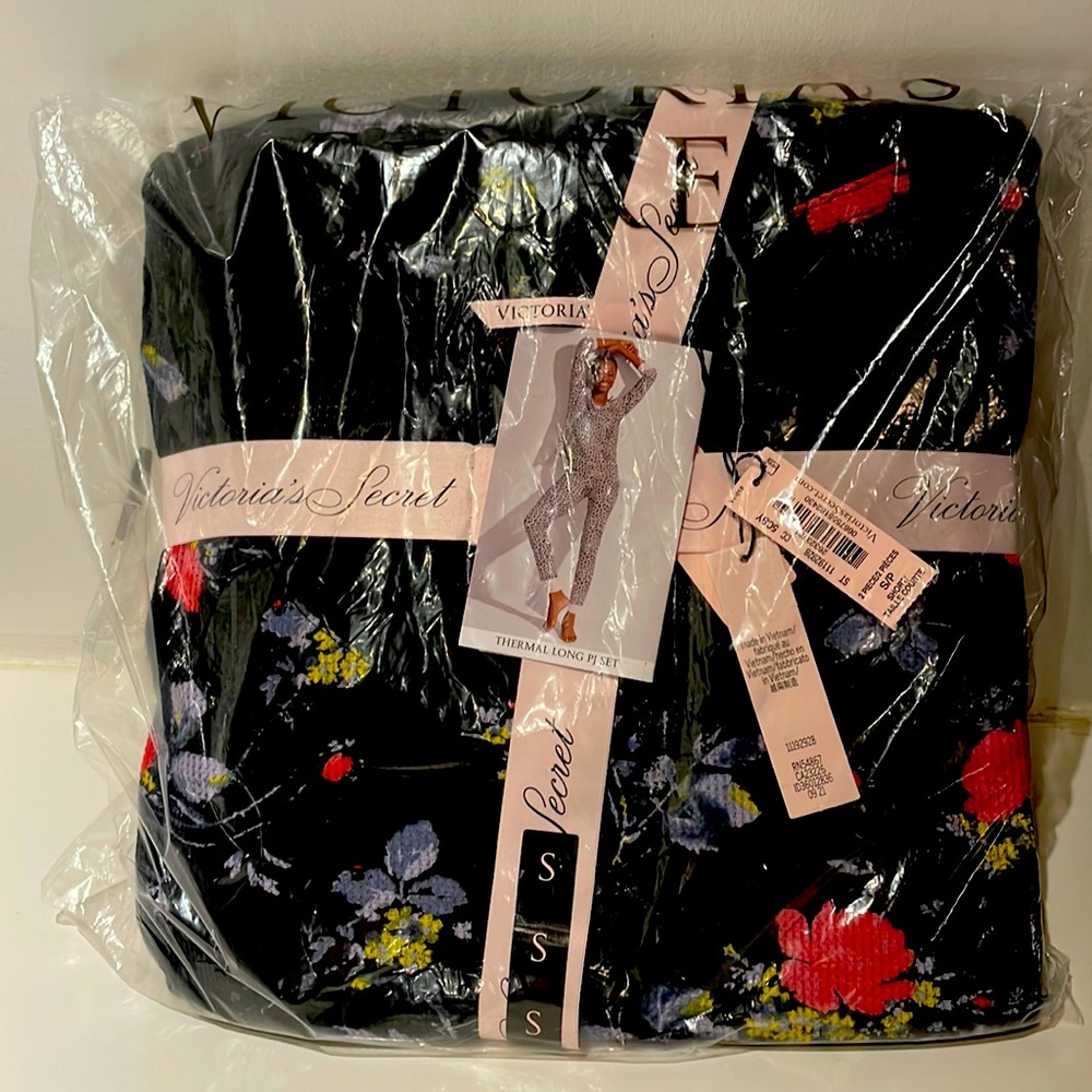 Victoria’s Secret Thermal Long John PJ Set-black floral print